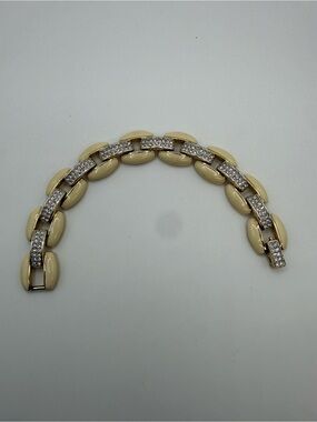 Vintage Signed Swarovski Cream Enamel Pavé Crystal Gold Tone Link Bracelet